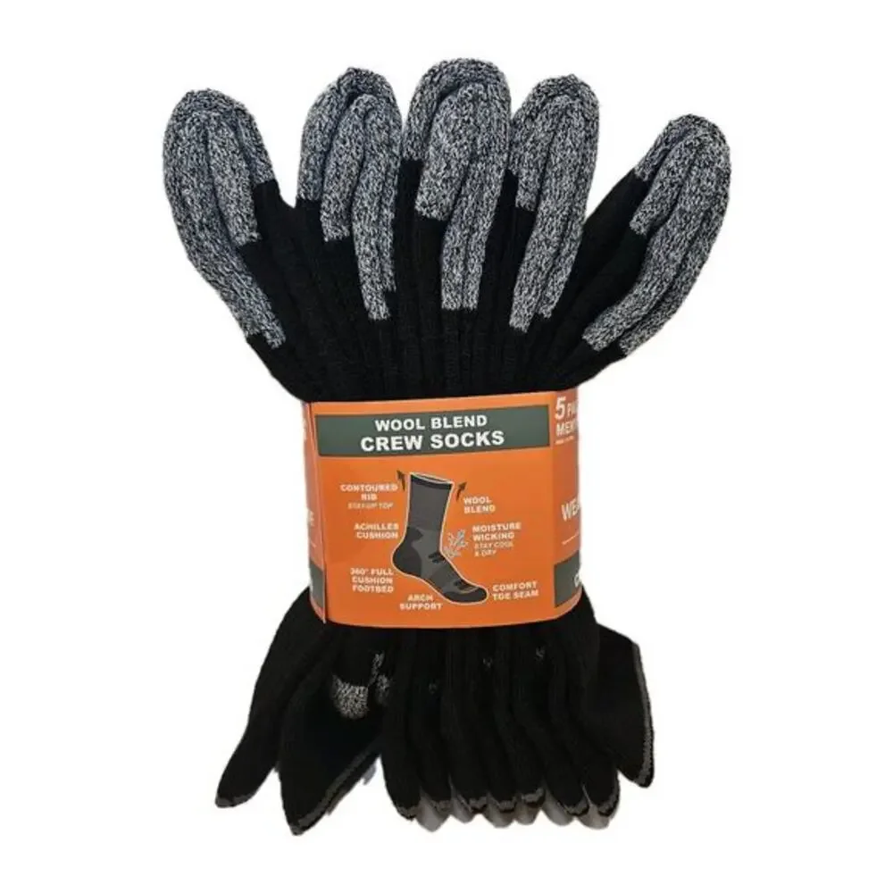 Weatherproof 5 pack Outdoor Wool Blend Crew‎ Sock Size 6-12 Black Gray Heel /New
